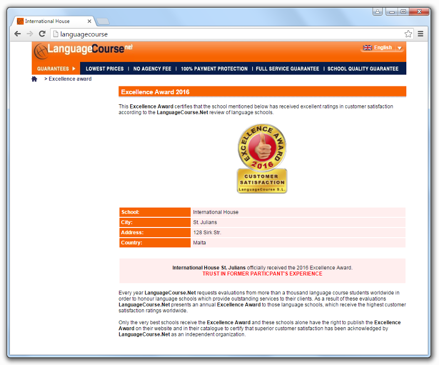 Отзывы о школе International House Malta - Excellence Award 2016
