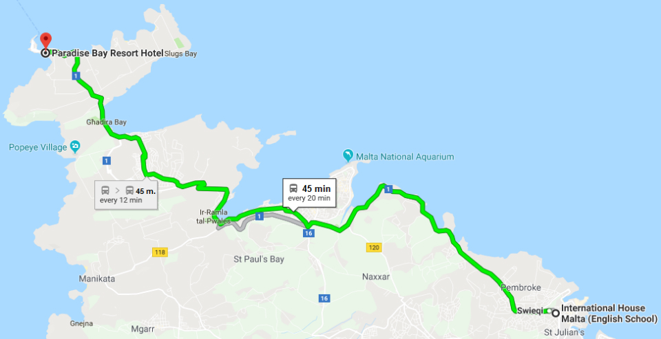 Карта - схема проезда от школы IH Malta до курорта Paradise Bay Resort